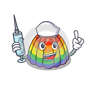 A rainbow jelly hospitable Nurse character with a syringe