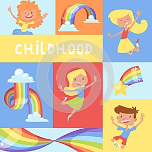 Rainbow jumping kids childhood poster bright colorful sky graphic child weather vector illustration. Spectrum curve