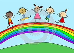 Rainbow kids.Cartoon happy kids.Stick figure kids.