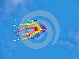 The rainbow kite flies in blue sky