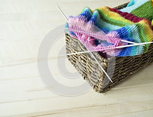 Rainbow knitted hat, handmade. Favorite domestic hobby.