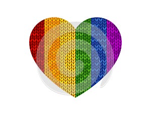 Rainbow knitted heart shape illustration on isolated white background. Vector template for Valentines Day, pride. Symbol