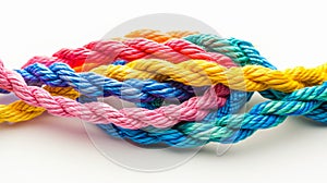 Rainbow knotted together isolated on white background. Creative cooperation and teamwork concept.