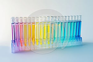 Rainbow Laboratory Test Tubes, Blurred Background, Color Laboratory Test Tubes on Rack, Research Lab