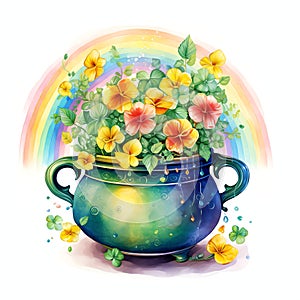 A rainbow leading to a pot of gold watercolor