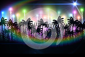 Rainbow lens flare over silhouette of palm trees against light trails against black background