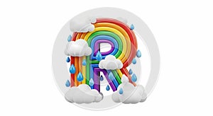 Rainbow Letter R with Clouds and Raindrops