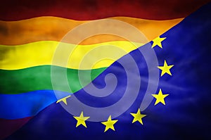 Rainbow LGBT flag and European Union mixed flag.