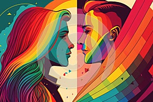 Rainbow LGBTQ couple, concept of bisexuality, freedom and love. Generative AI photo