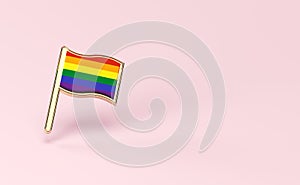 Rainbow LGBTQ flag pin. Gay pride month symbol concept. Isolated on pastel pink background with copy space. 3D rendering