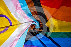 Rainbow LGBTQIA flag made from silk material. Happy pride month. Symbol of LGBTQ pride month. Equal rights. Peace and