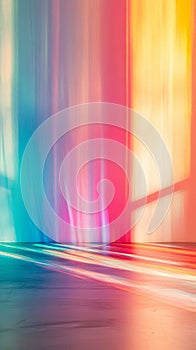 Rainbow light diffraction on matte white wall, vertical gradient .