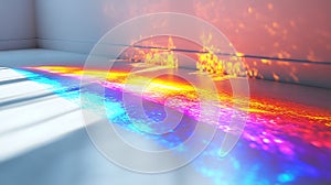 Abstract rainbow light refraction creating colorful patterns on white wall and floor surface