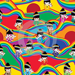 Rainbow line hill japan doll maneki seamless pattern