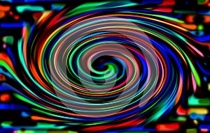 Rainbow lines curl into a spiral on a black background. Abstract joyful background.