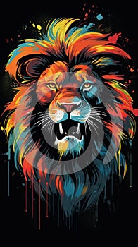 Rainbow lion with smudges of paint on a black background.