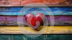 Rainbow Love Heart Background. A red love heart on a rainbow wood background