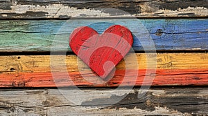 Rainbow Love Heart Background. A red love heart on a rainbow wood background