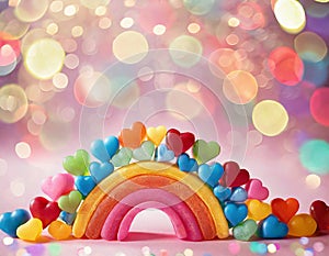 Rainbow made of candy and covered with multi-colored candy hearts bokeh effect copy space.