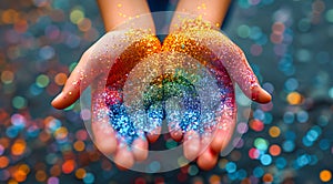 Rainbow made from colorful glitter on child\'s hands against a bokeh backdrop.