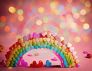 Rainbow made of multi-colored candy hearts bokeh effect copy space.