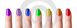 Rainbow manicure, seven color nail polish. Squoval shapes photo
