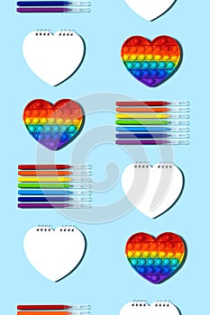Rainbow markers pop-it, notepad blue seamless pattern
