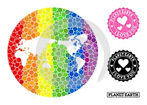 Rainbow Mosaic Stencil Round Map of Earth and Love Watermark Seal for LGBT
