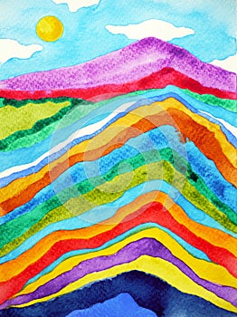 Rainbow mountain range, blue sky watercolor painting illustration