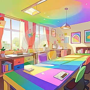 Rainbow multicolored colored office, showing diversity and bright cheerfulness, photo