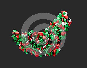 Rainbow multicolored sweet candy dragee in shape of UAE map isolated on white background. 3d illustration