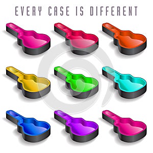 A rainbow of nine guitar cases