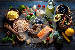 A Rainbow of Nutritious Options on a Rustic Wooden Board. Generative AI.