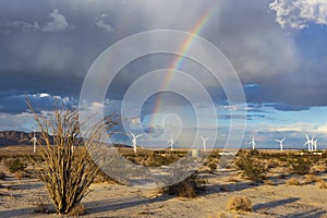 Rainbow, ocotillo, and wind turbines in the desert photo