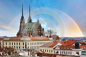 Rainbow over Brno - Petrov, Cathedral of St. Peter and Paul. Czech Republic - Europe