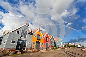 Rainbow over buildings in Zoutkamp