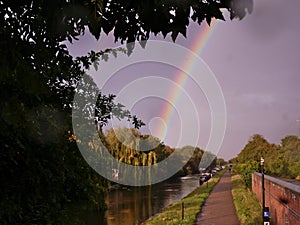 Rainbow over canal with willow tree