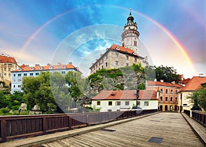 Rainbow over Cesky Krumlov castle from bridge, Czech Republic - nobody