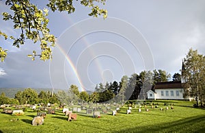 Rainbow over church,Norway