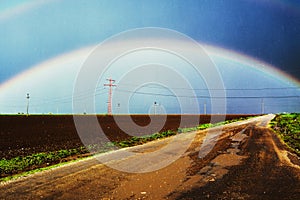 Rainbow over country road