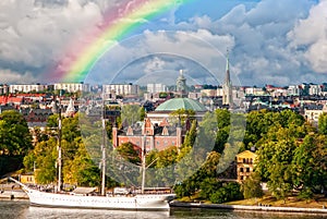 Rainbow over Djurgarden Island in Stockholm, Sweden