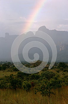Rainbow over fields, Uganda