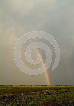 Rainbow over flat farmland
