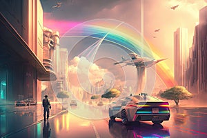 rainbow over futuristic city, with flying cars and hoverboards visible on the streets