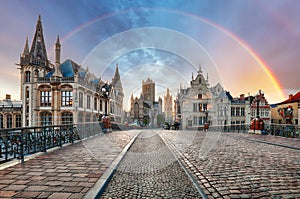 Rainbow over Ghent, Belgium old city