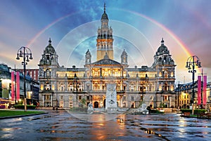 Rainbow over Glasgow City Chambers and George Square, Scotland - UK