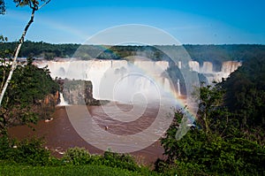 Rainbow over gorgeous waterfalls of Iguazu, Brazil