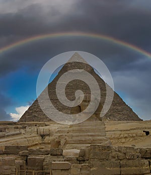 A rainbow over the Great Sphinx and Pyramids of Giza, near Cairo