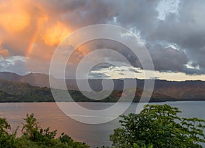 Rainbow over Hanalei mountains from Princeville Kauai