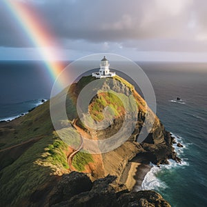 Rainbow over Hawaii lighthouse Oahu